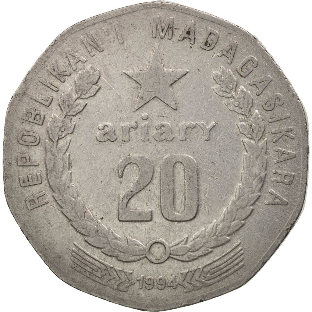 Madagascar, 20 Ariary, 1994, Royal Canadian Mint, VF(30-35), Nickel Clad Steel