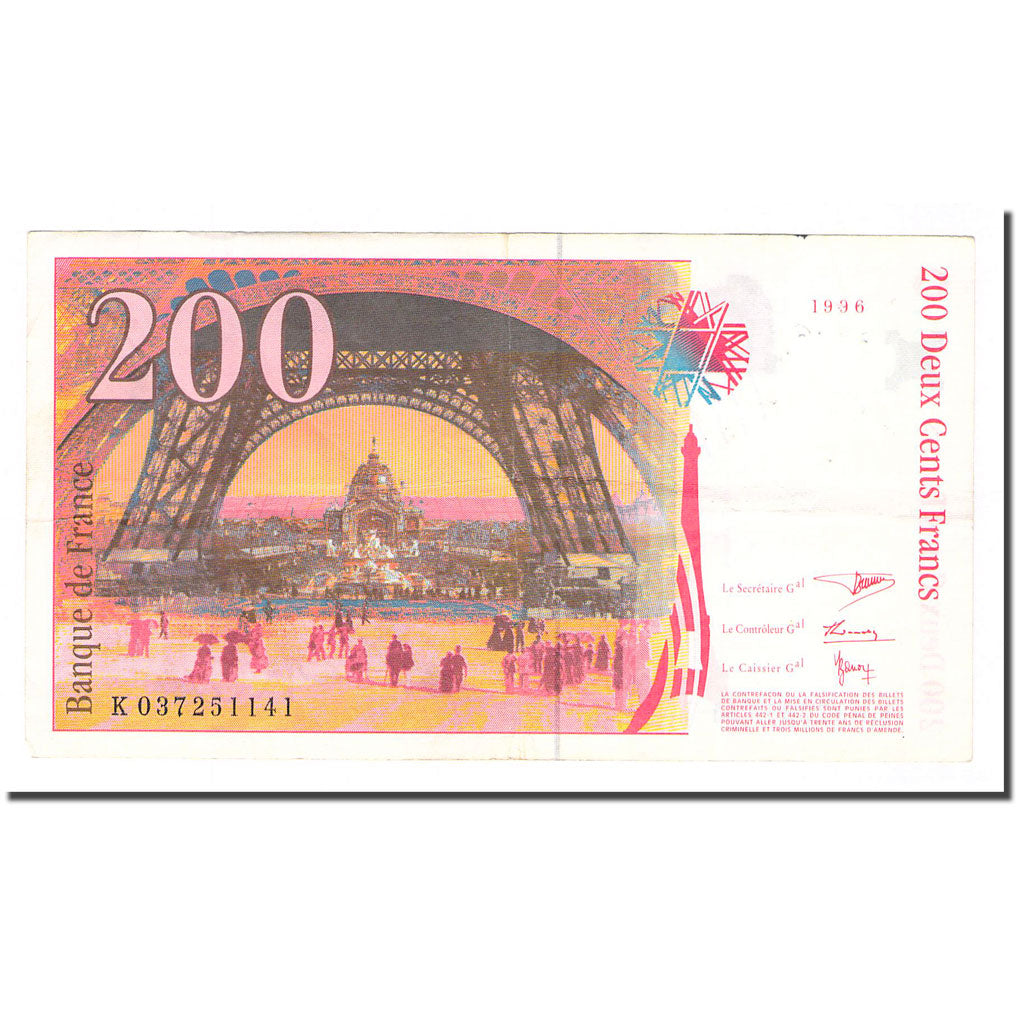 France, 200 Francs, Eiffel, 1996, VF(20-25), Fayette:75.3a, KM:159a