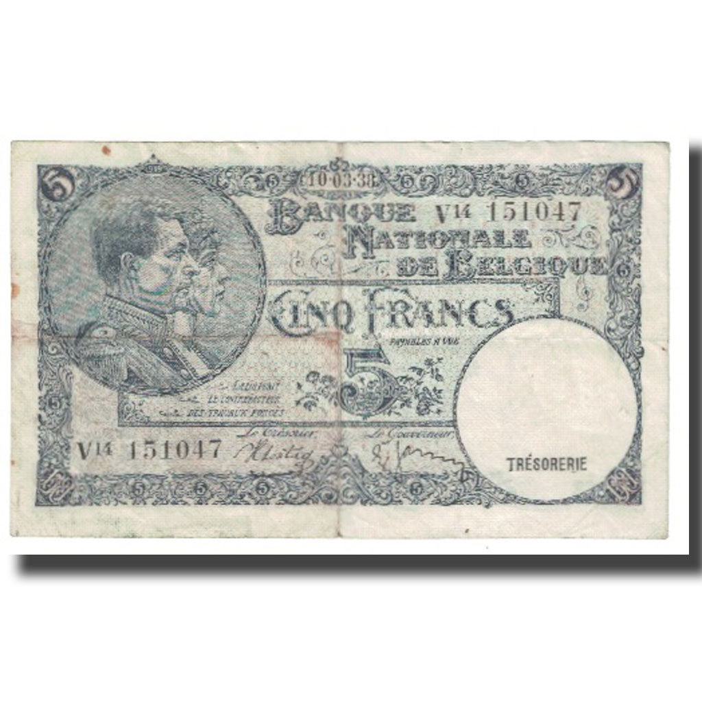 Banknote, Belgium, 5 Francs, 1938, 1938-03-10, KM:108a, EF(40-45)