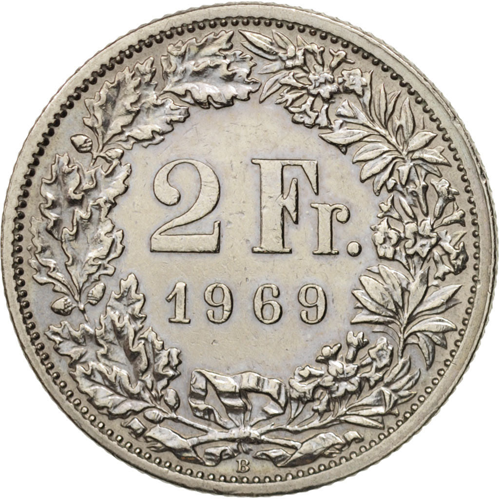 Coin, Switzerland, 2 Francs, 1969, Bern, EF(40-45), Copper-nickel, KM:21a.1