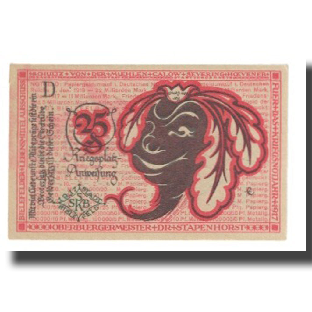 Banknote, Germany, Bielefeld, 25 Pfennig, personnage, 1917, 1917-07-01