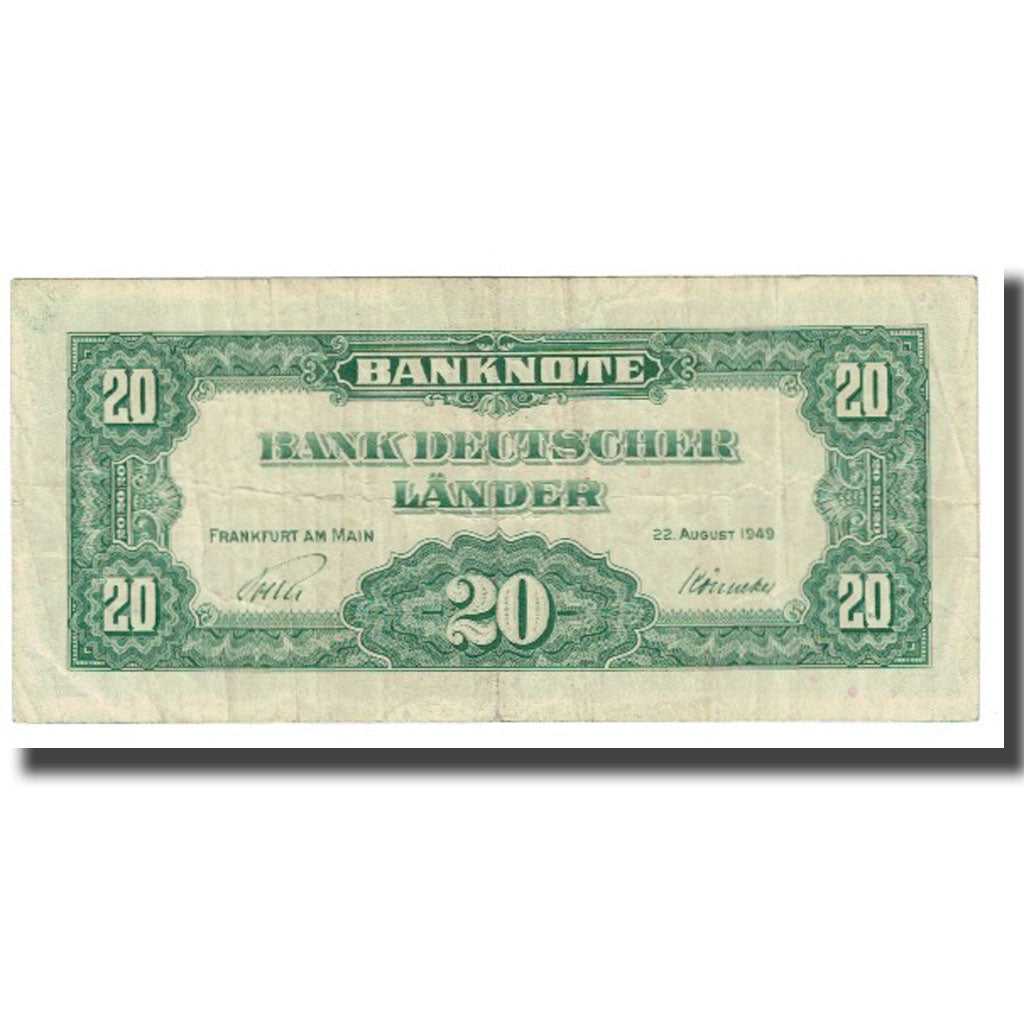 Banknote, GERMANY - FEDERAL REPUBLIC, 20 Deutsche Mark, 1949, KM:17a, VF(20-25)