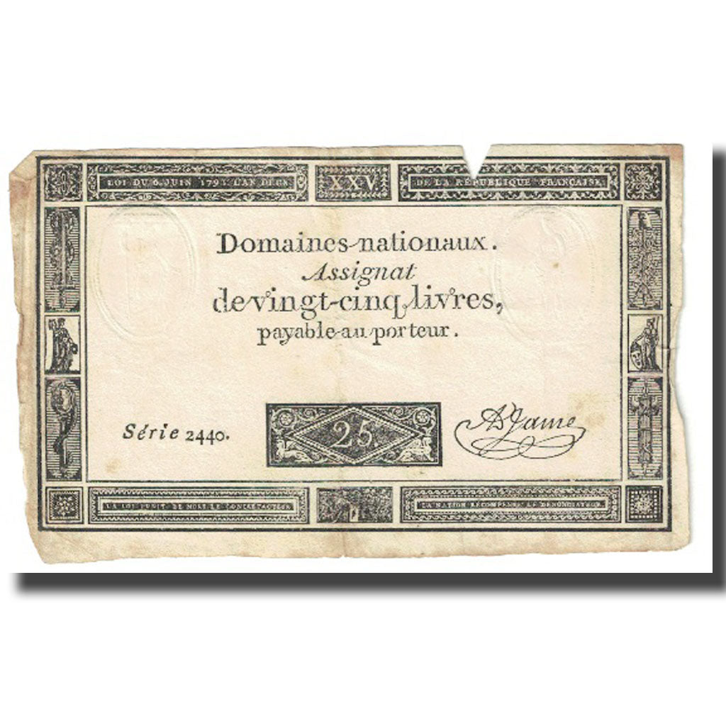 Francia, 25 Livres, 1793, Jame, 1793-06-06, BC+, KM:A71