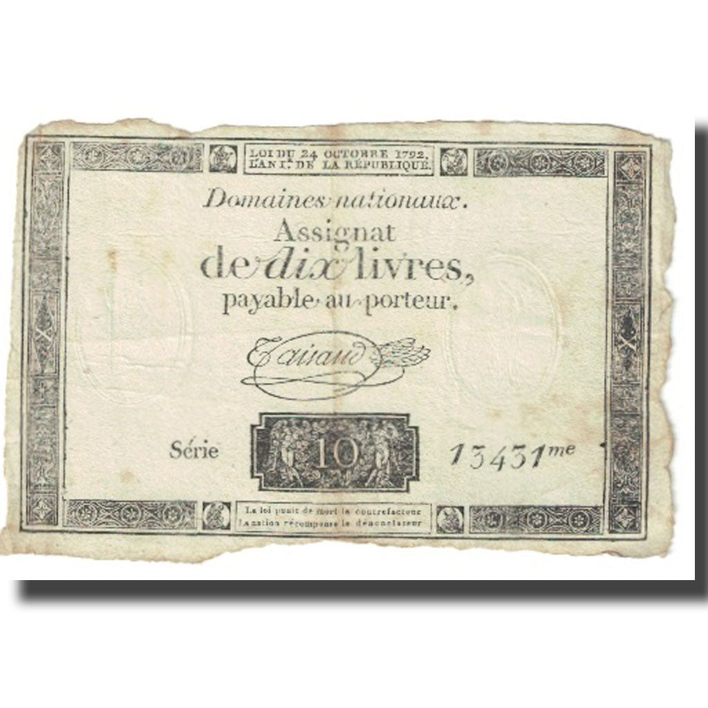 Francja, 10 Livres, 1792, Taisaud, 1792-10-24, VF(20-25), KM:A66b