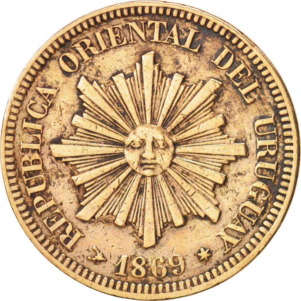 Uruguay, 2 Centesimos, 1869, Birmingham, VF(30-35), Bronze, KM:12