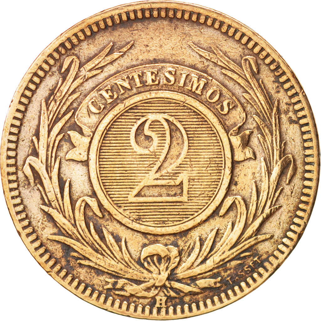Uruguay, 2 Centesimos, 1869, Birmingham, VF(30-35), Bronze, KM:12