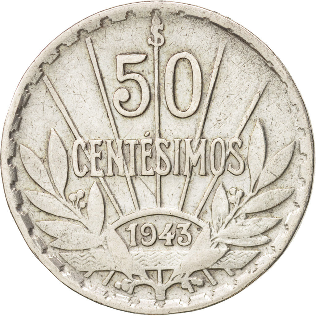 Uruguay, 50 Centesimos, 1943, Santiago, VF(20-25), Silver, KM:31