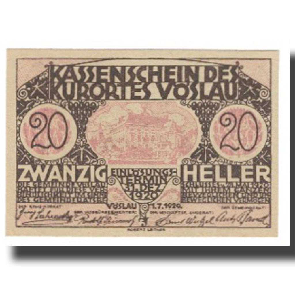 Banknote, Austria, Vöslau N.Ö. Gemeinde, 20 Heller, Blason, 1920, 1920-12-31