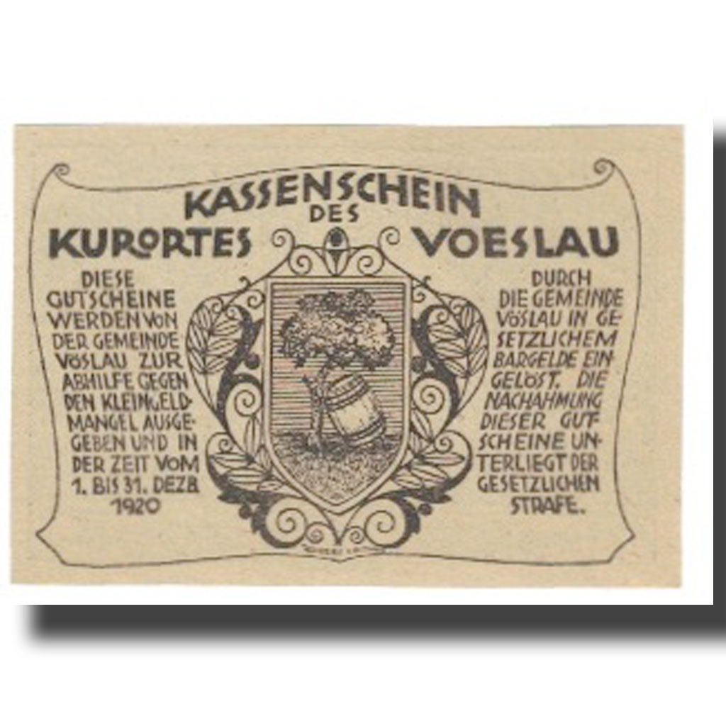 Banknote, Austria, Vöslau N.Ö. Gemeinde, 20 Heller, Blason, 1920, 1920-12-31