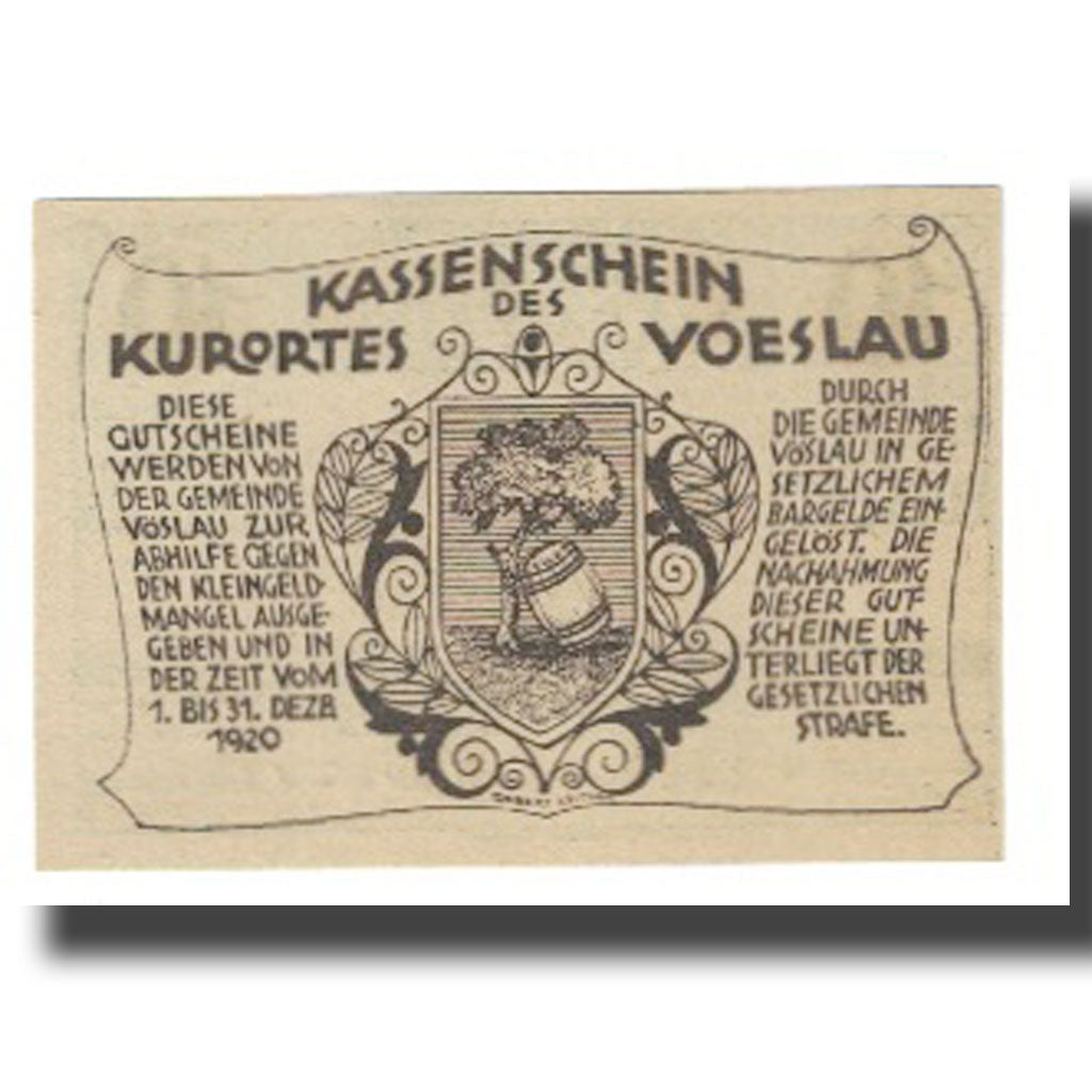 Banknote, Austria, Vöslau N.Ö. Gemeinde, 10 Heller, Blason, 1920, 1920-12-31