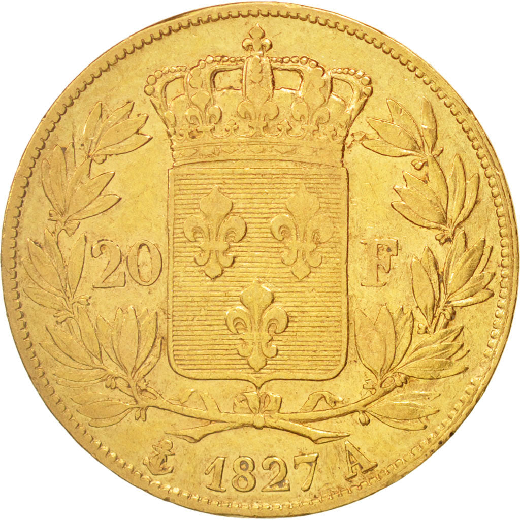 France, Charles X, 20 Francs, 1827, Paris, VF(30-35), Gold, KM:726.1,Gadoury1029