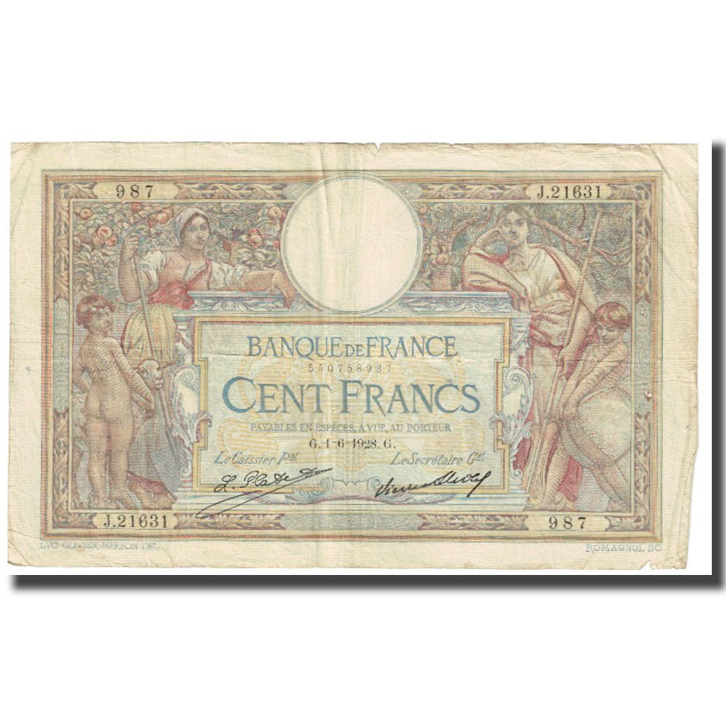 France, 100 Francs, 1928, P. Rousseau and R. Favre-Gilly, 1928-06-01, VF(20-25)