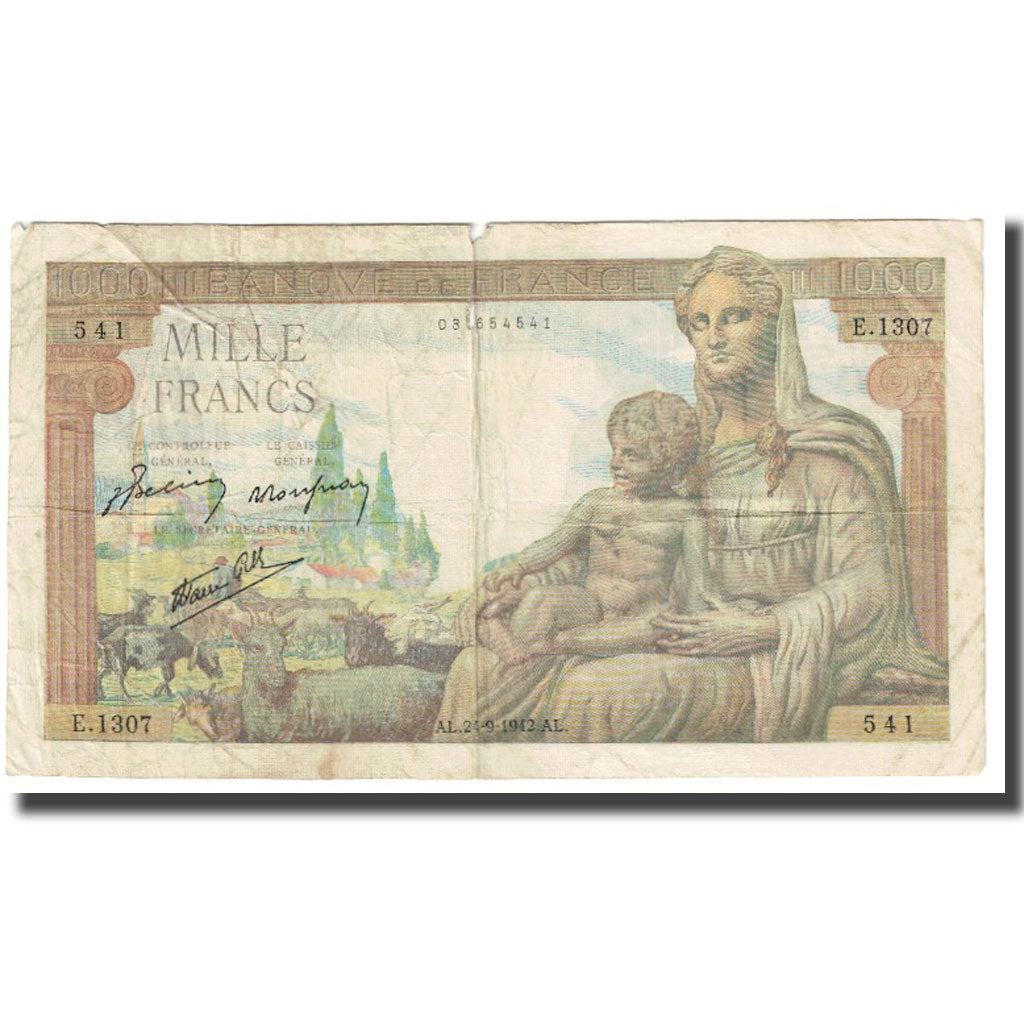 France, 1000 Francs, 1942, P. Rousseau and R. Favre-Gilly, 1942-09-24, TB