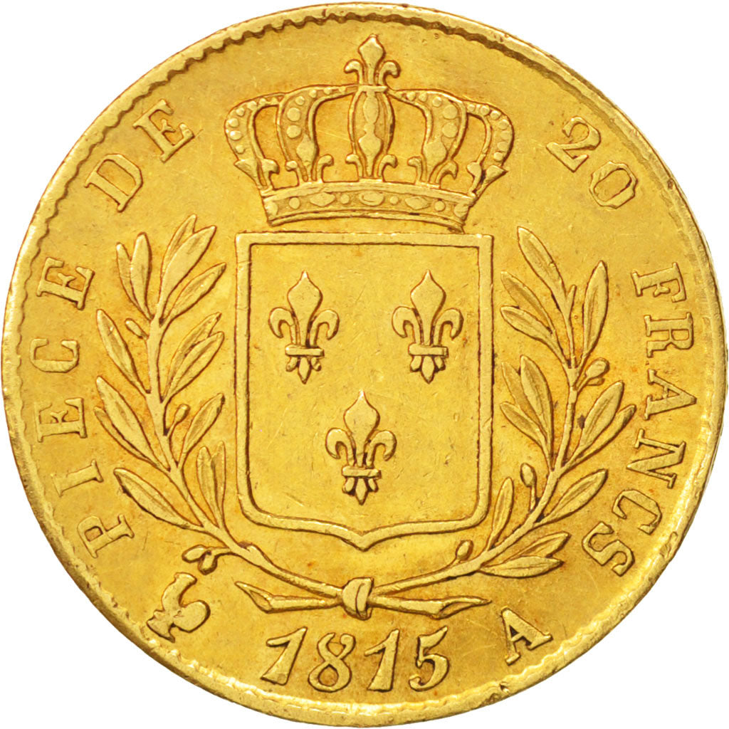 France, Louis XVIII, 20 Francs, 1815, Paris, EF(40-45), Gold,KM706.1,Gadoury1026