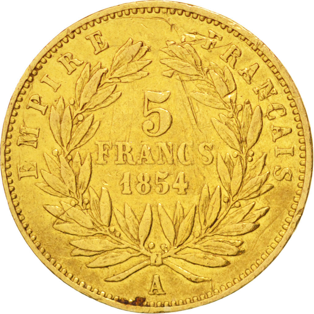 Frankreich, Napoleon III, 5 Francs, 1854,Paris,VF(20-25),Gold,KM 783,Gadoury1000