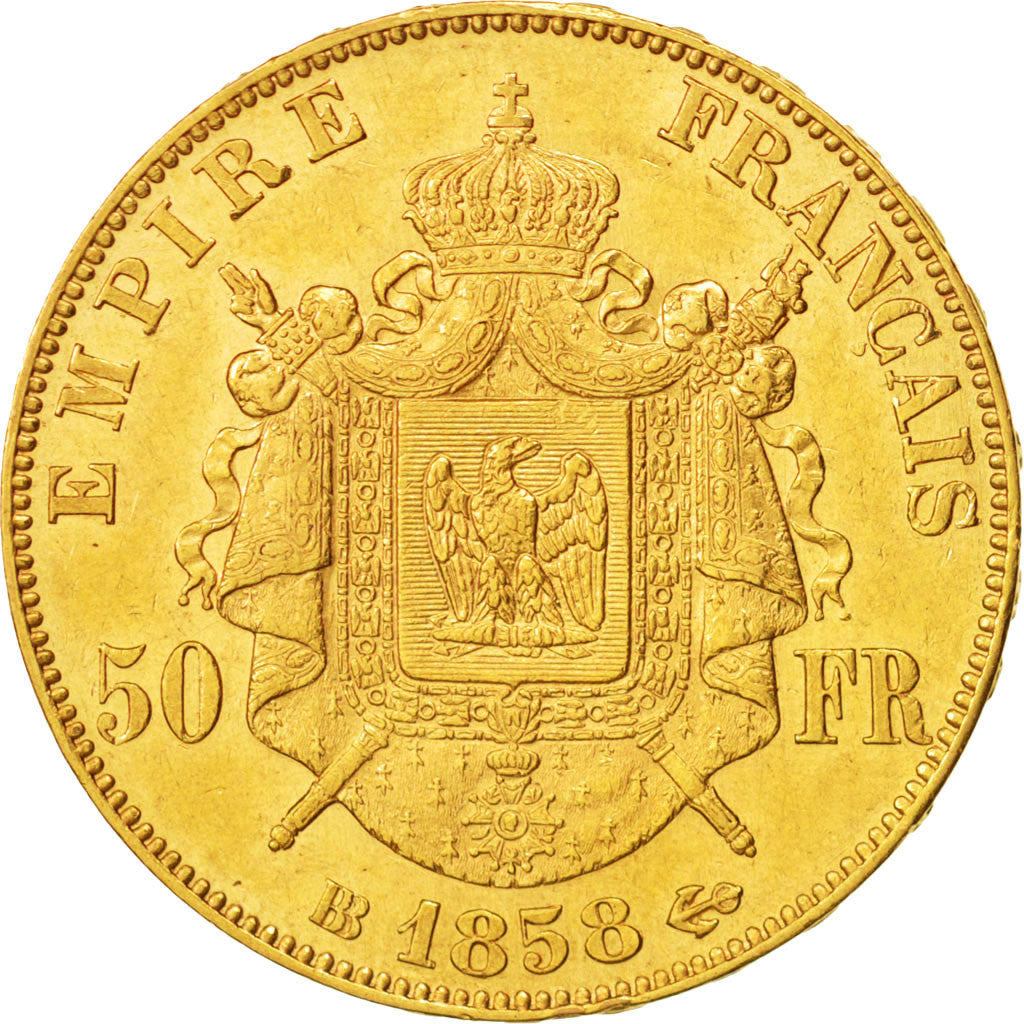 France,Napoléon III,50 Francs,1858,Strasbourg,AU(50-53),Gold,KM785.2,Gadoury1112