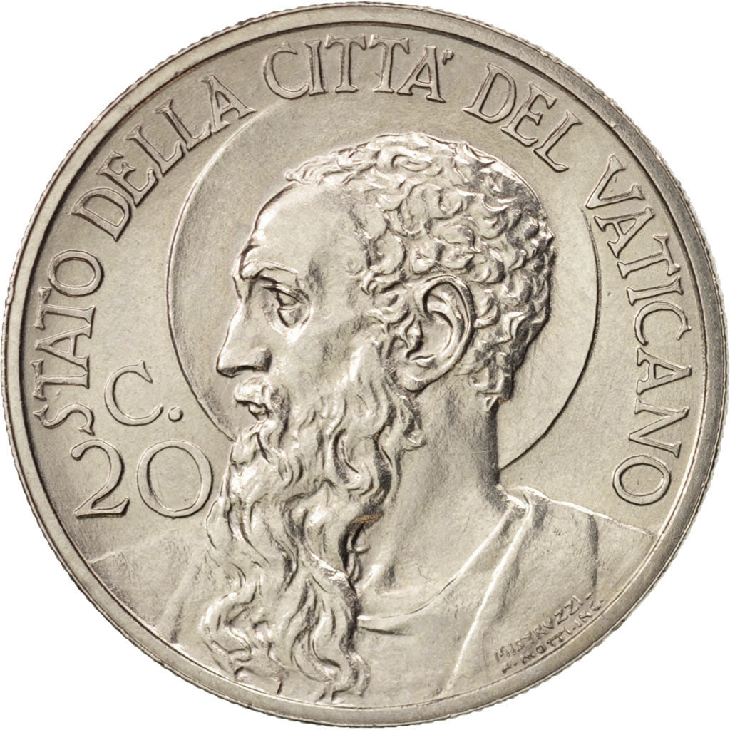 VATICAN CITY, Pius XI, 20 Centesimi, 1930, AU(55-58), Nickel, KM:3