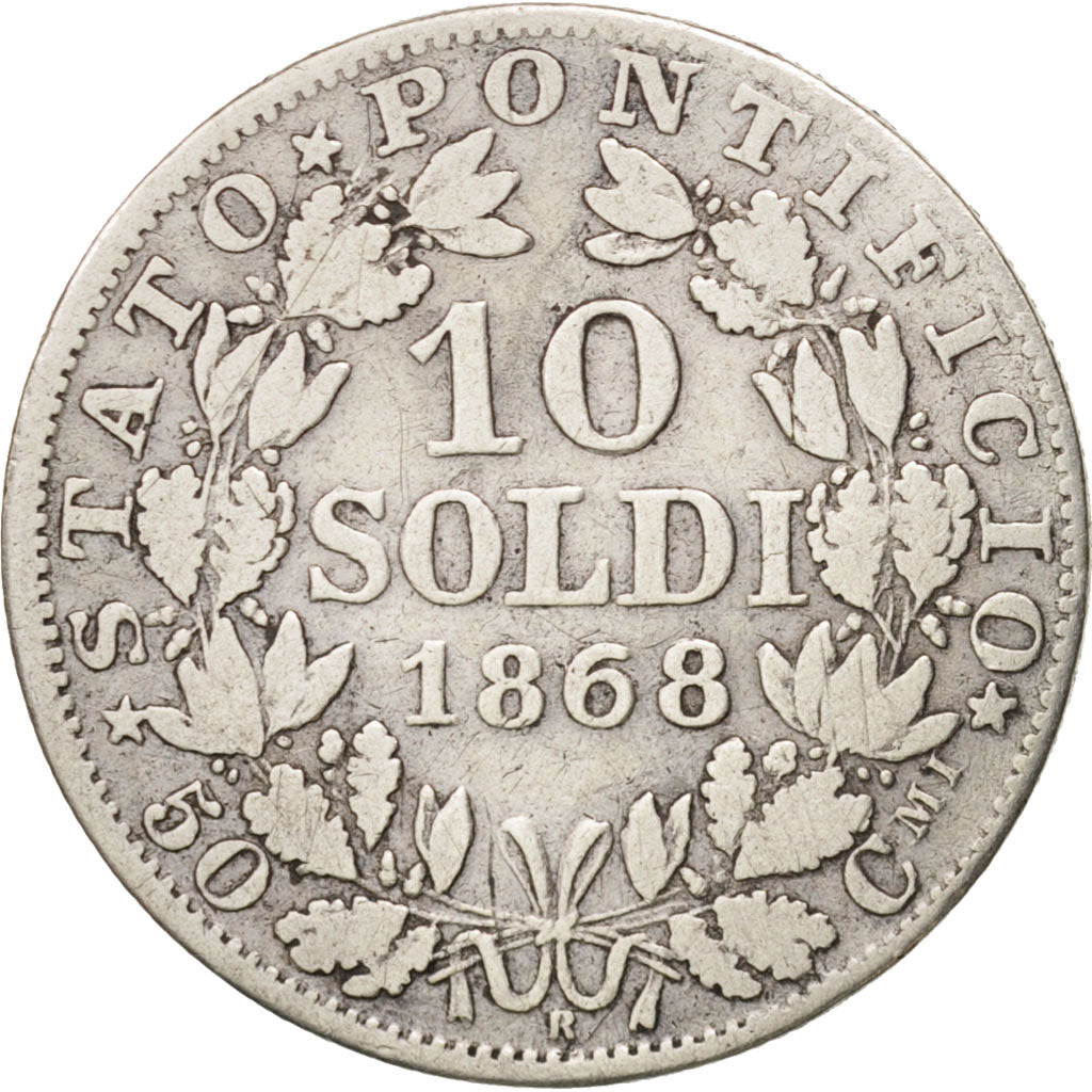 ITALIAN STATES, PAPAL STATES, Pius IX, 10 Soldi, 1868, Roma, VF (20-25), KM 1376