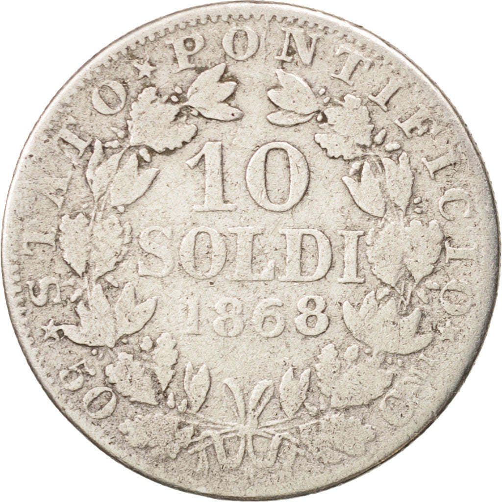 ITALIAN STATES, PAPAL STATES, Pius IX, 10 Soldi, 1868, Roma, VG(8-10), KM 1386.1