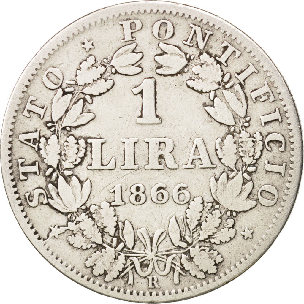 ITALIAN STATES, PAPAL STATES, Pius IX, Lira, 1866, Roma, VF(20-25),Silver,KM1378