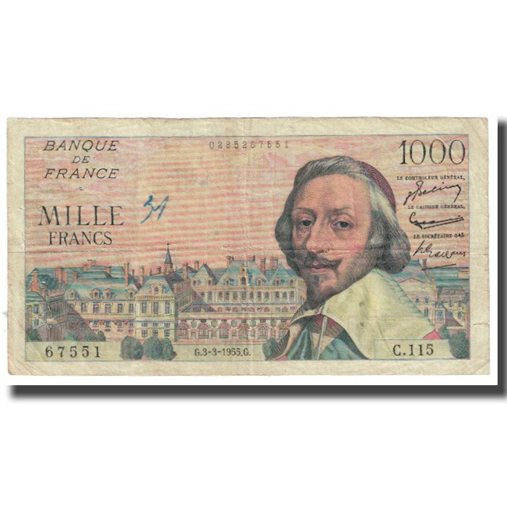 France, 1000 Francs, Richelieu, 1955, P. Rousseau and R. Favre-Gilly