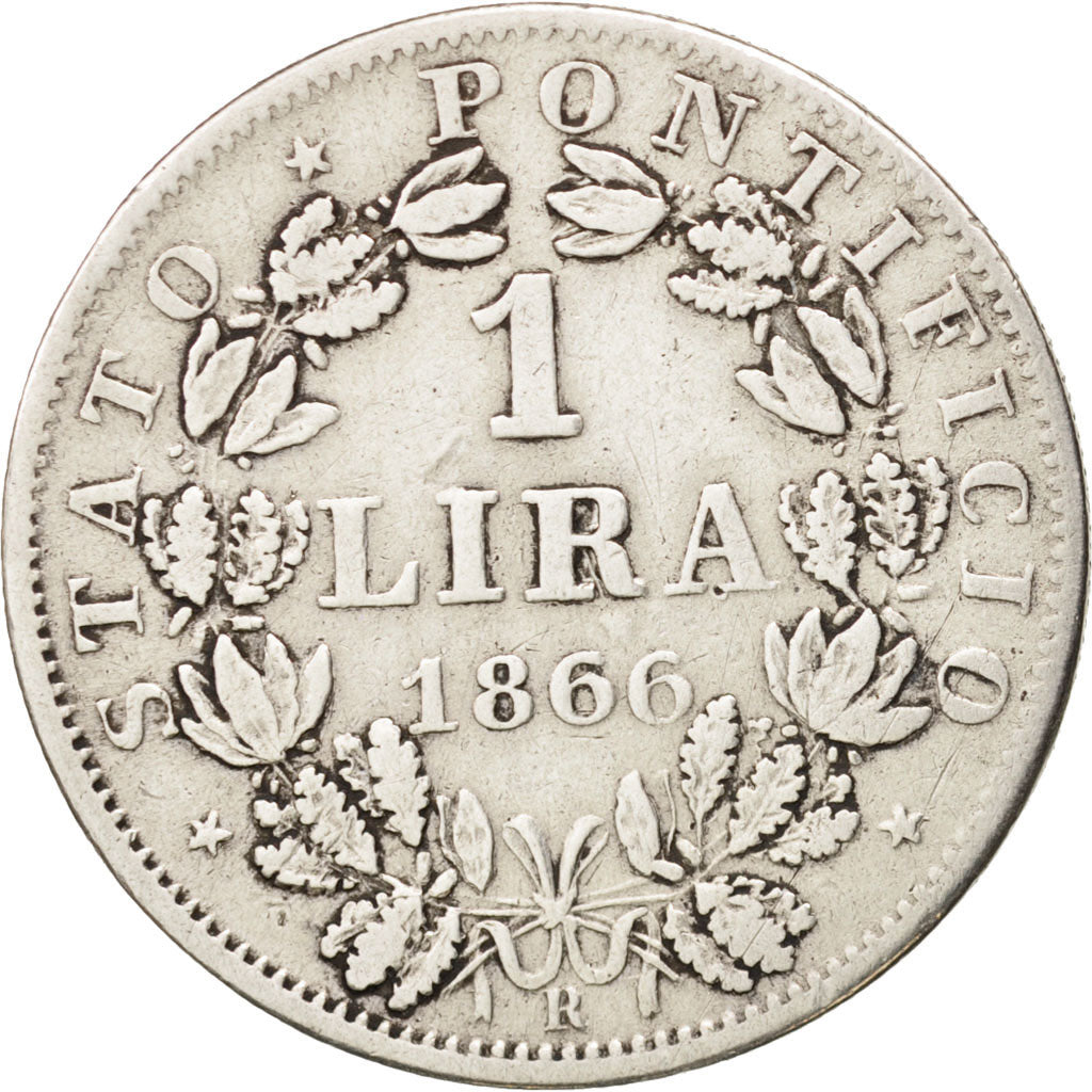 ITALIAN STATES, PAPAL STATES, Pius IX, Lira, 1866, Roma, VF(30-35),Silver,KM1378