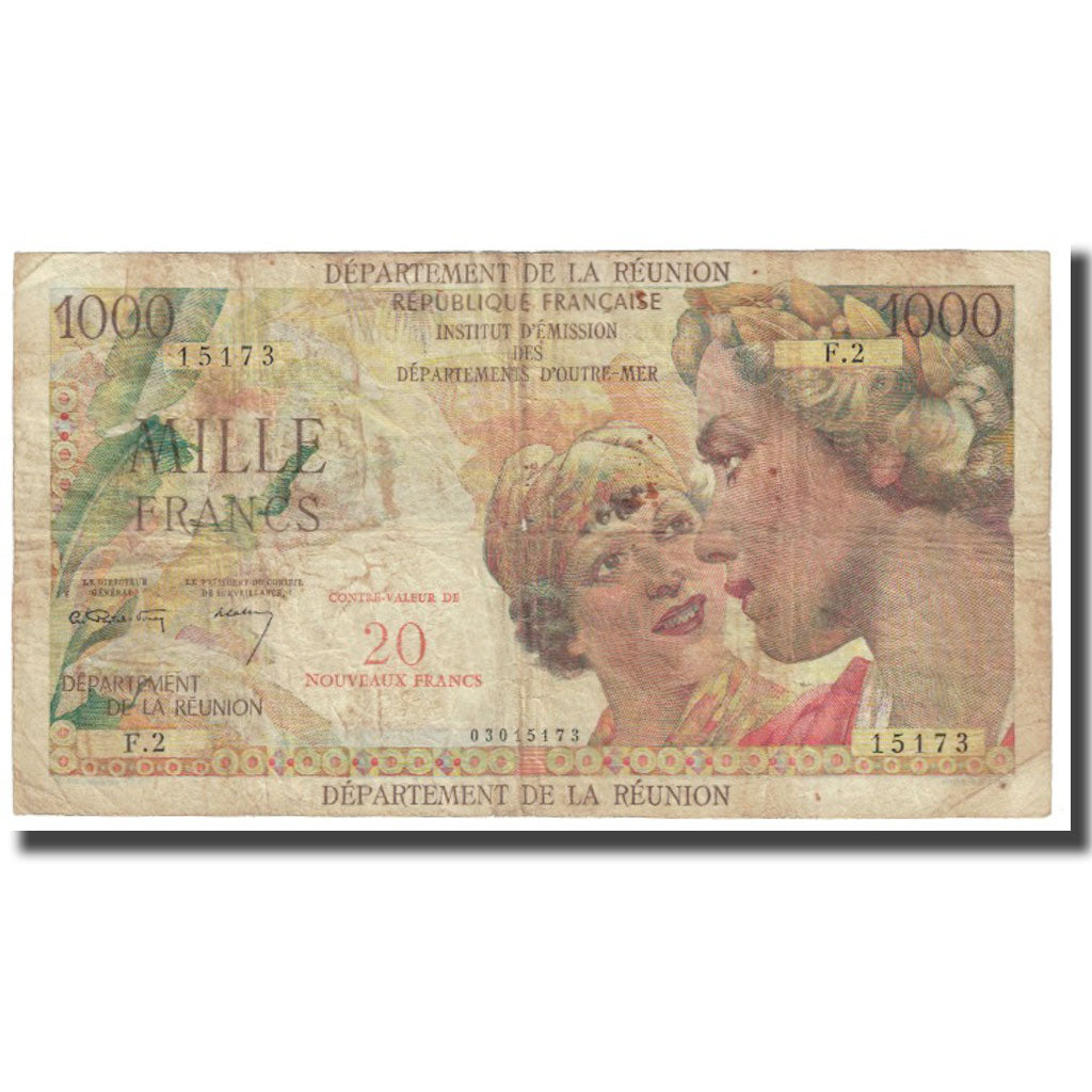 Réunion, 20 Nouveaux Francs on 1000 Francs, Undated (1967-71), TB, KM:55a