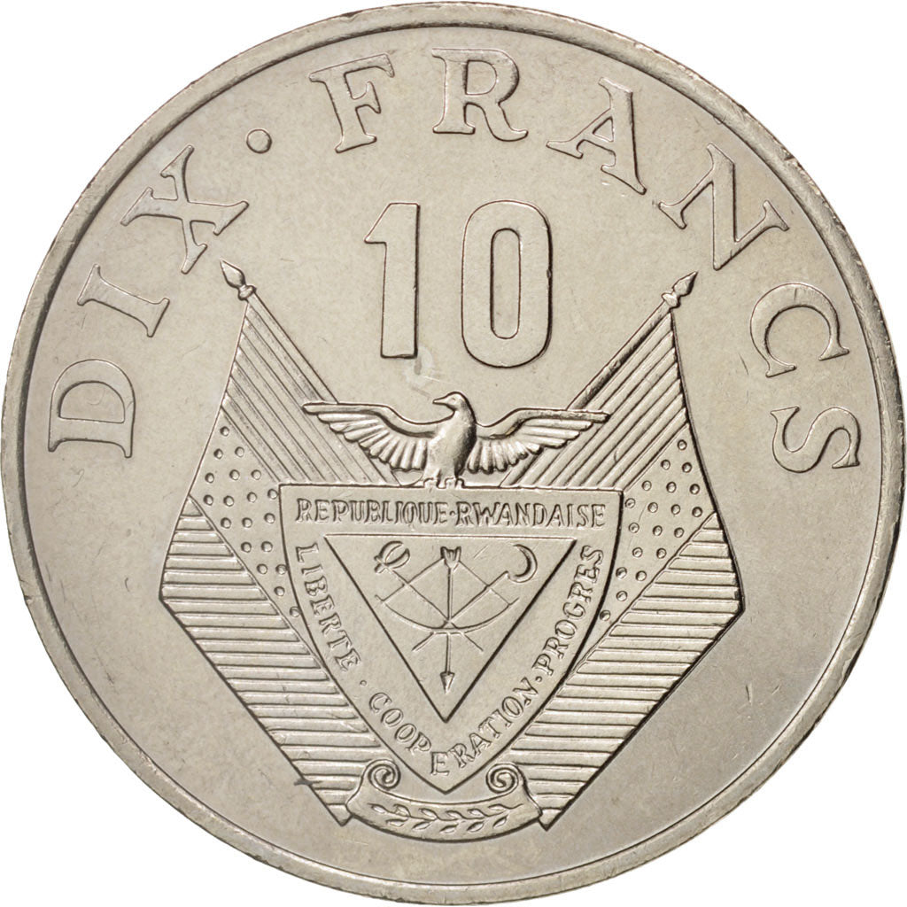 Rwanda, 10 Francs, 1985, British Royal Mint, AU(55-58), Copper-nickel, KM:14.2