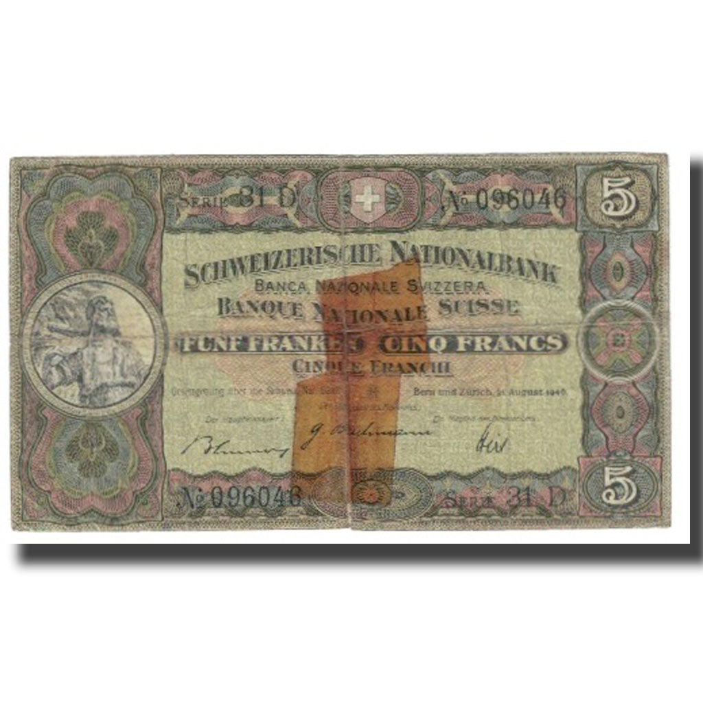 Banknote, Switzerland, 5 Franken, 1946, 1946-08-31, KM:11m, VF(20-25)