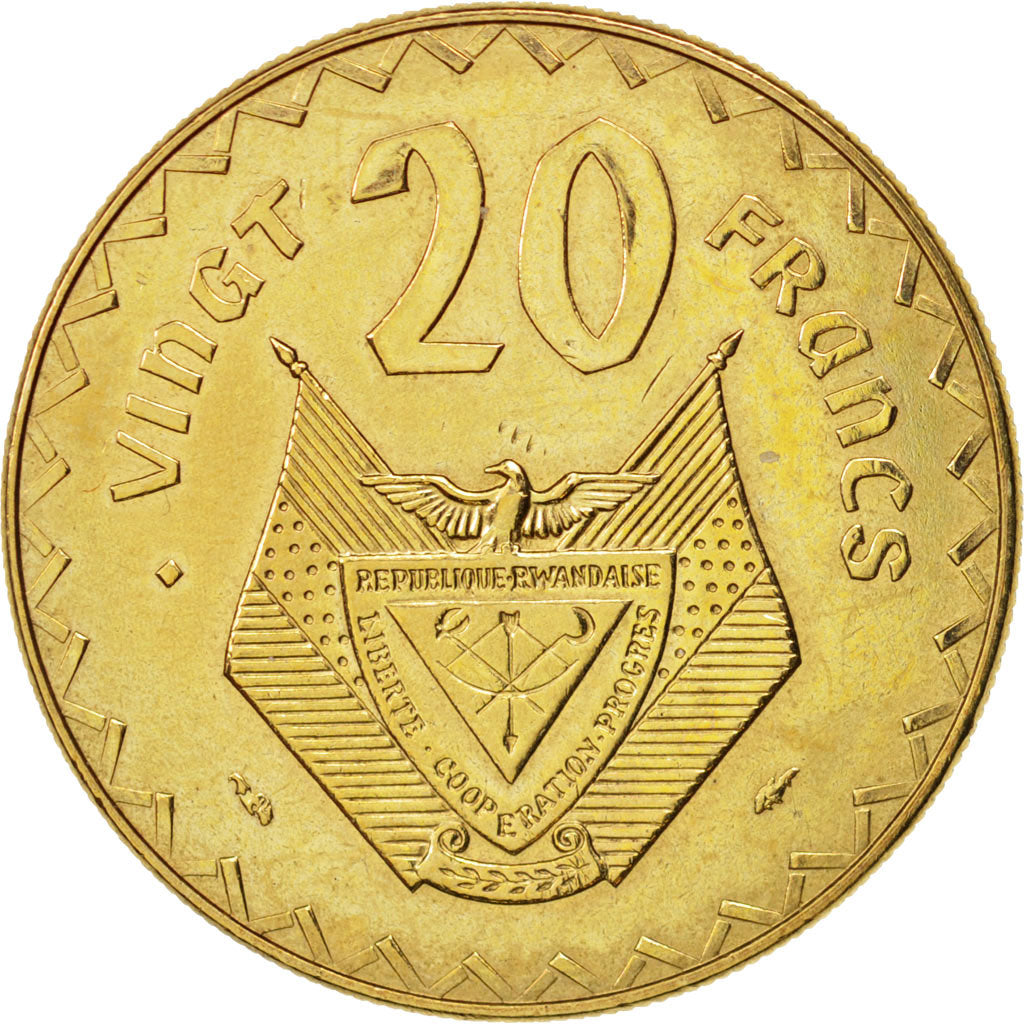 Rwanda, 20 Francs, 1977, Paris, AU(55-58), Brass, KM:15