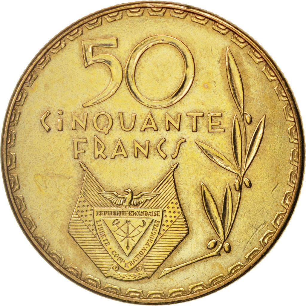Rwanda, 50 Francs, 1977, Paris, AU(55-58), Brass, KM:16