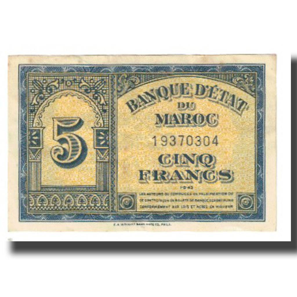 Banknote, Morocco, 5 Francs, 1943, 1943-08-01, KM:24, EF(40-45)