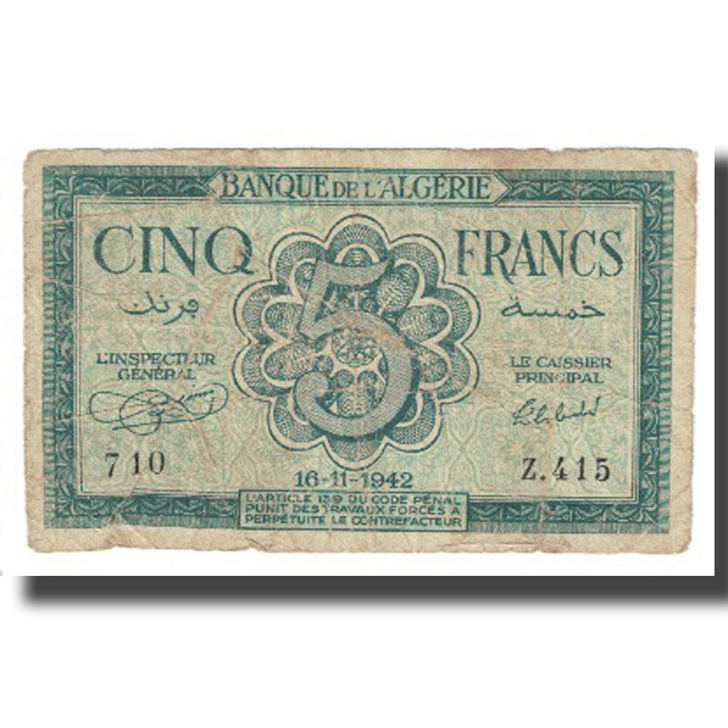Banknote, Algeria, 5 Francs, 1942, 1942-11-16, KM:91, VF(20-25)