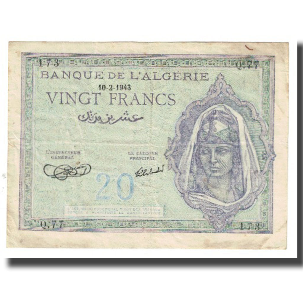 Banknote, Algeria, 20 Francs, 1943, 1943-02-10, KM:92b, VF(20-25)