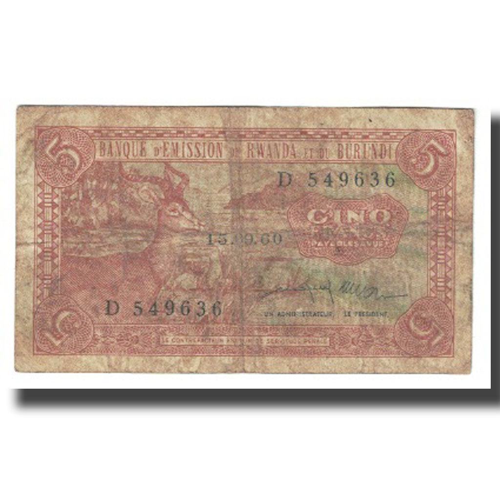 Banknote, Rwanda-Burundi, 5 Francs, 1960, 1960-09-15, KM:1a, F(12-15)