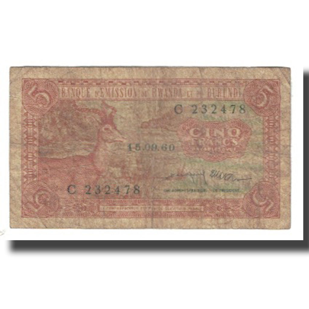 Banknote, Rwanda-Burundi, 5 Francs, 1960, 1960-09-15, KM:1a, F(12-15)