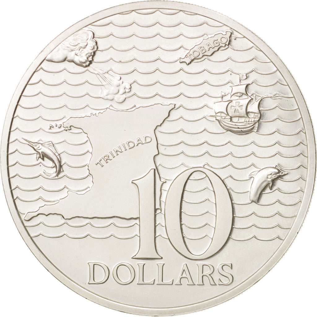 TRINIDAD & TOBAGO, 10 Dollars, 1976, Franklin Mint, MS(63), Silver, KM:36a