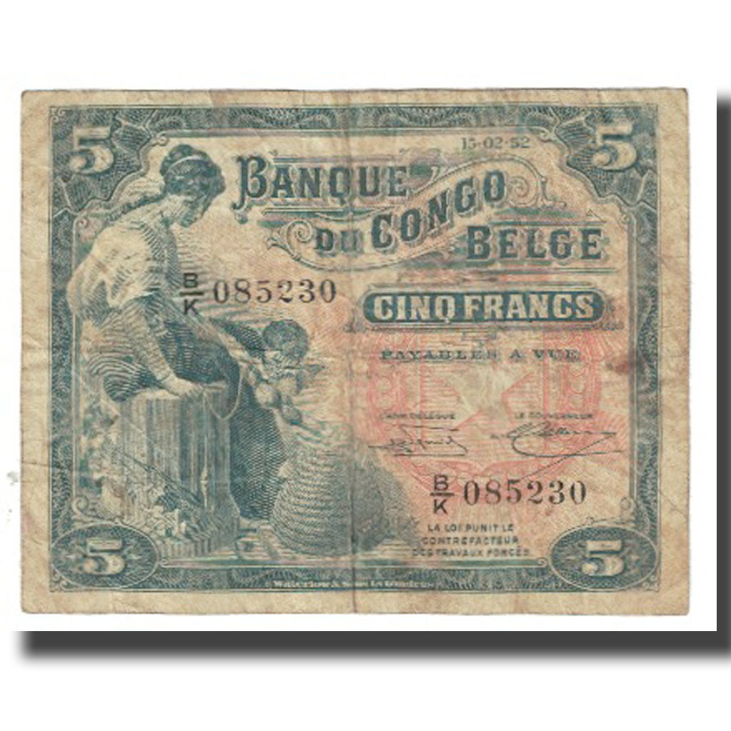 Banknote, Belgian Congo, 5 Francs, 1944, 1944-03-10, KM:13Ac, VG(8-10)