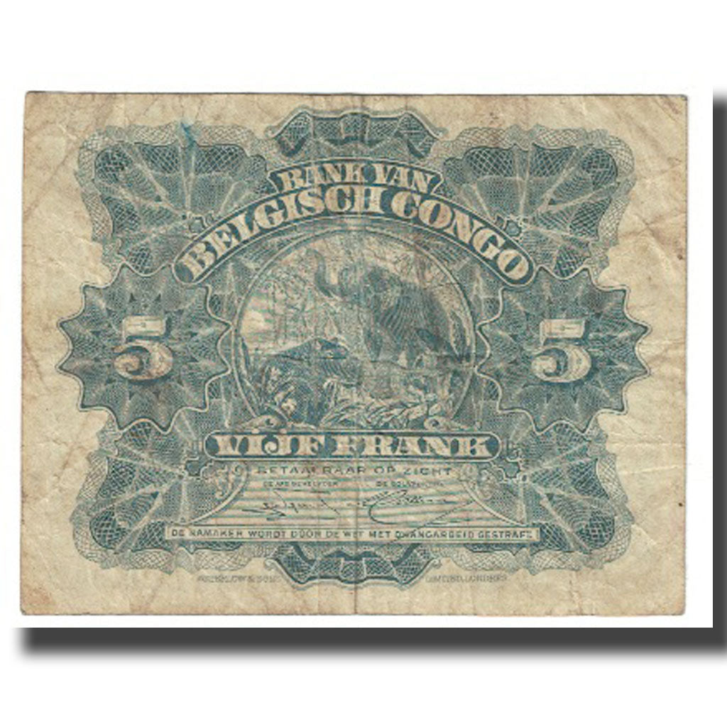 Banknote, Belgian Congo, 5 Francs, 1944, 1944-03-10, KM:13Ac, VG(8-10)
