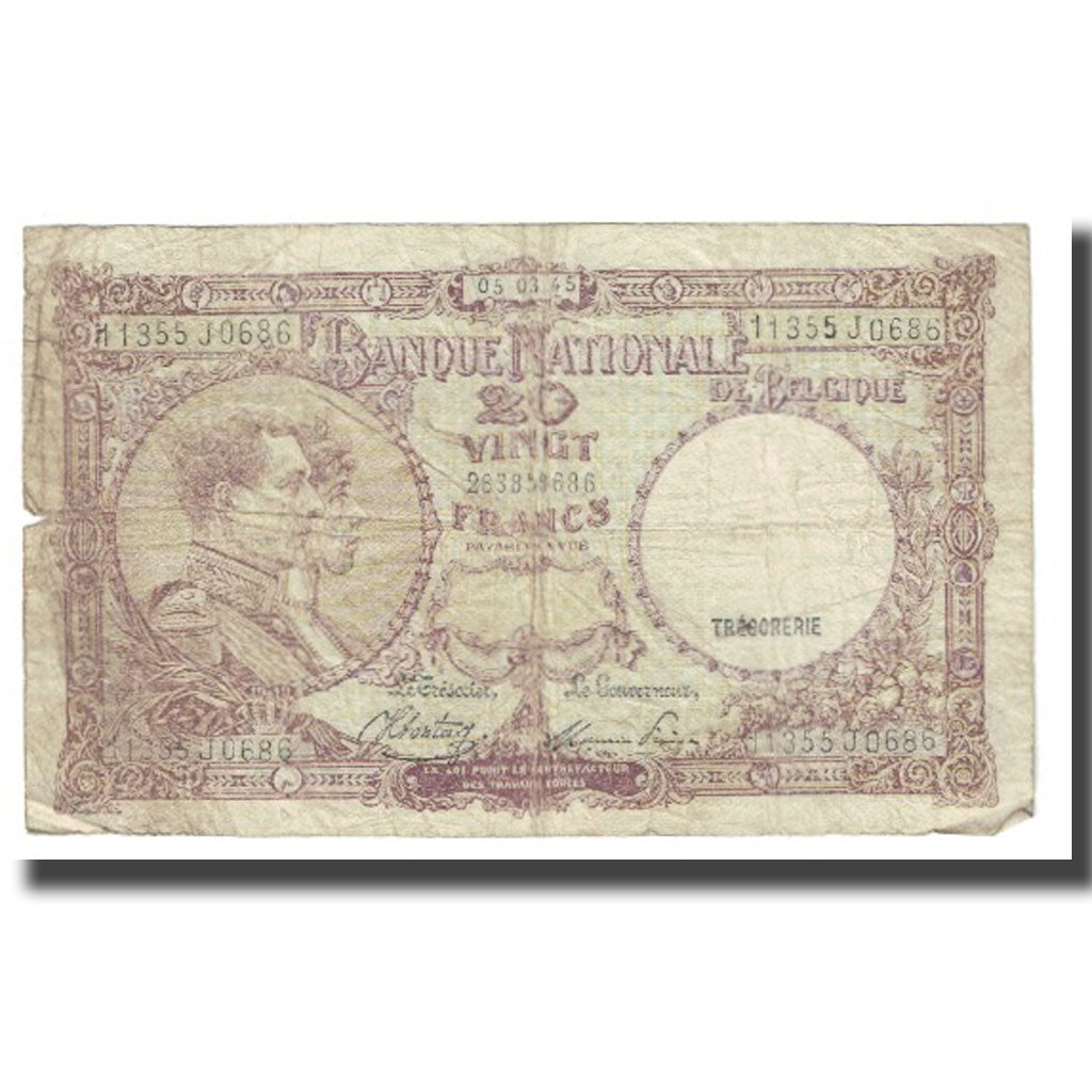 Banknote, Belgium, 20 Francs, 1945, 1945-03-21, KM:111, F(12-15)
