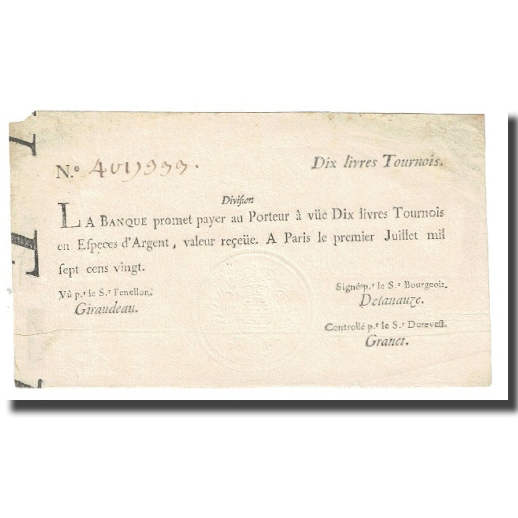 France, 10 Livres, 1720, 1720-07-01, EF(40-45), KM:A20a, Lafaurie:93