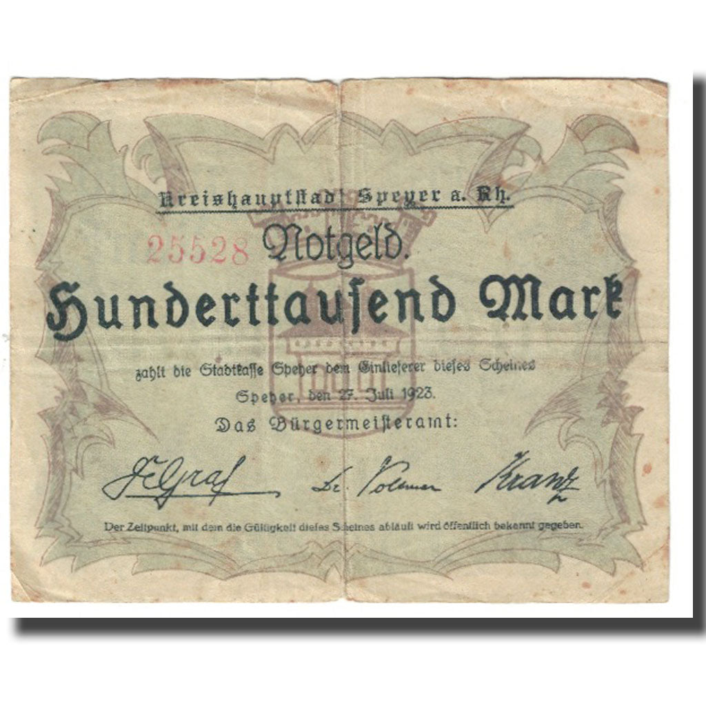 Banknote, Germany, Speyer, 100000 Mark, personnage, 1923, 1923-07-27, VF(20-25)