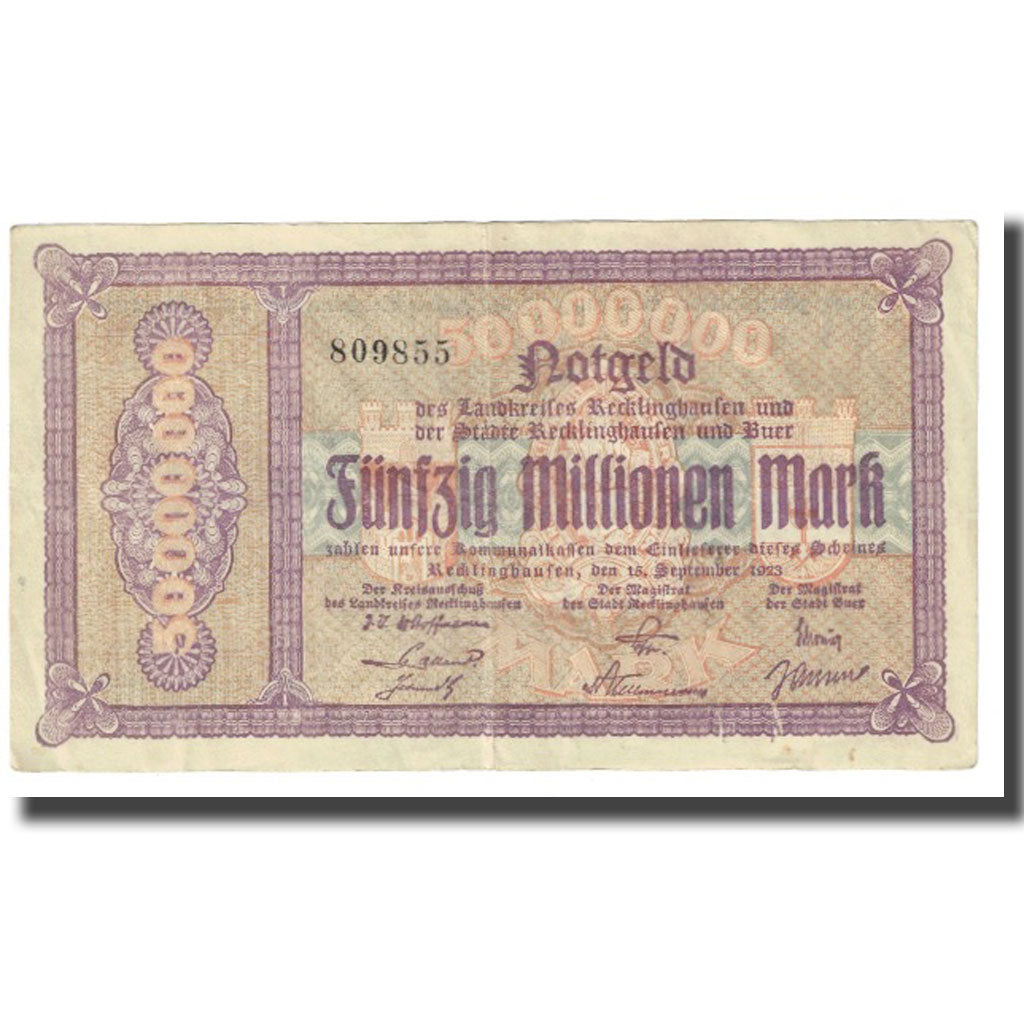 Banknote, Germany, Recklinghausen, 50 Millionen Mark, Texte, 1923, 1923-09-15