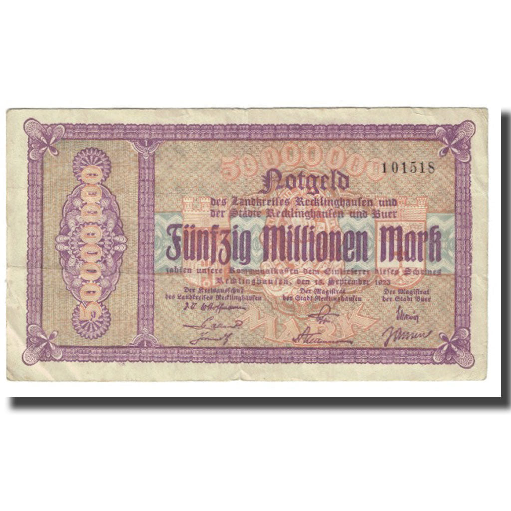 Banknote, Germany, Recklinghausen, 50 Millionen Mark, Texte, 1923, 1923-09-15