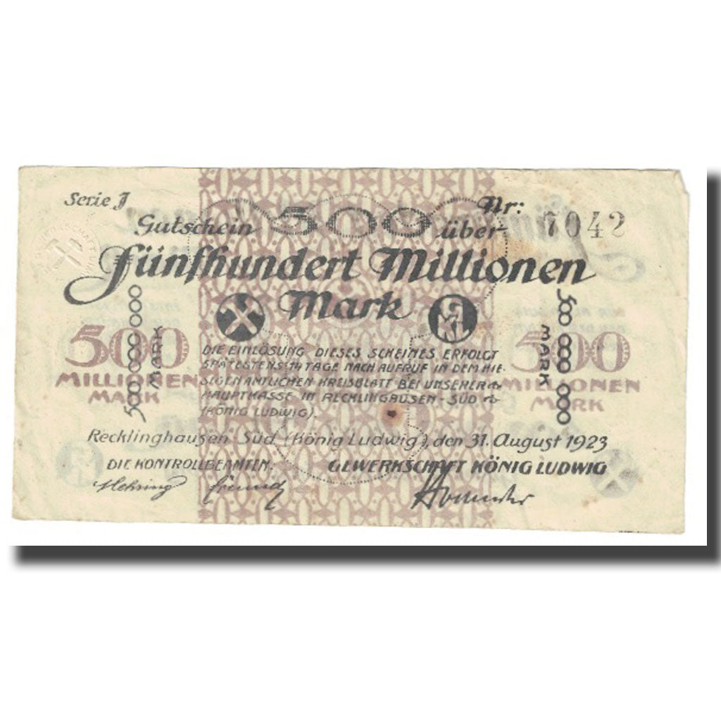 Banknote, Germany, Recklinghausen, 500 Millionen Mark, Texte, 1923, 1923-08-31