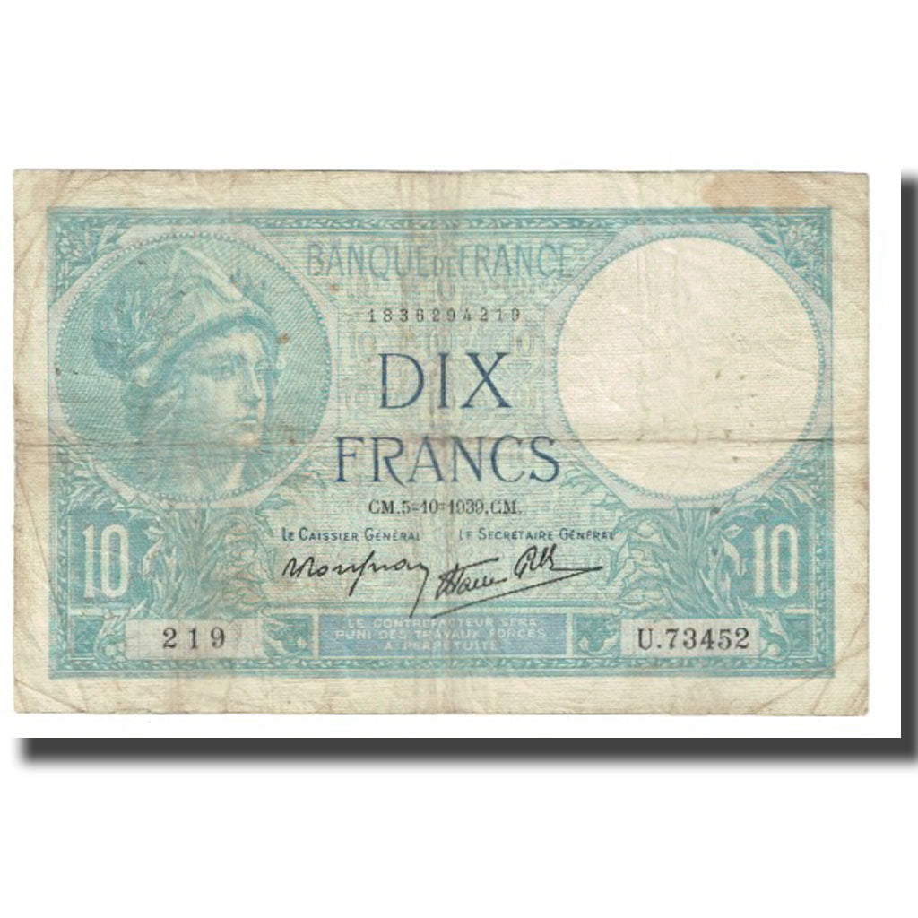 France, 10 Francs, Minerve, 1939, platet strohl, 1939-10-05, VF(20-25)