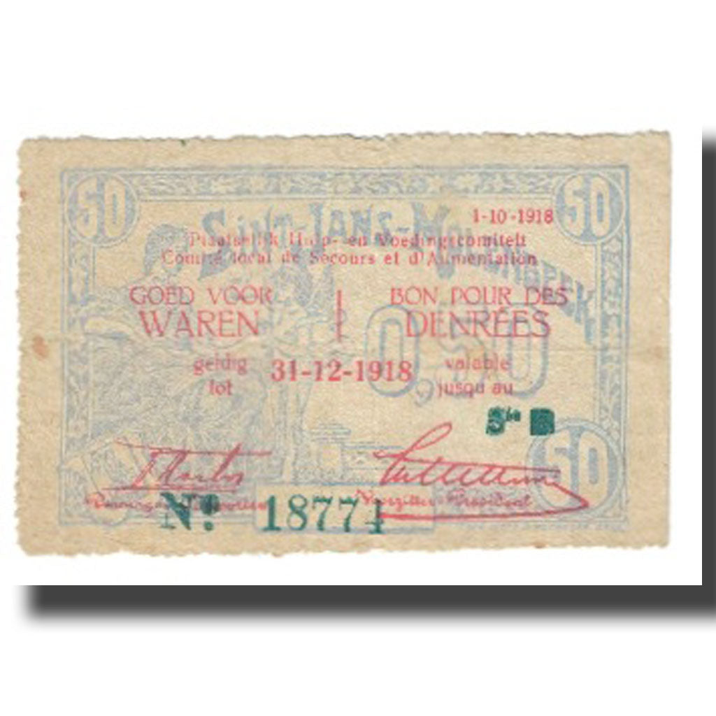 Banknote, Belgium, MOLENBEEK, 50 Centimes, Texte, 1918, 1918-12-31, EF(40-45)