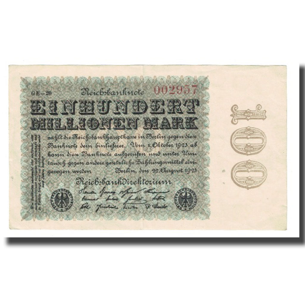 Nota, Alemanha, 100 Millionen Mark, 1923, 1923-08-22, KM:107a, EF(40-45)