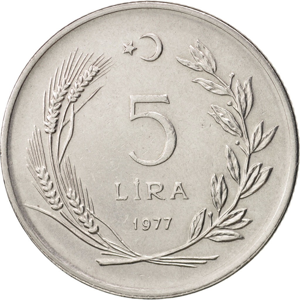 Moneta, Turchia, 5 Lira, 1977, BB+, Acciaio inossidabile, KM:905