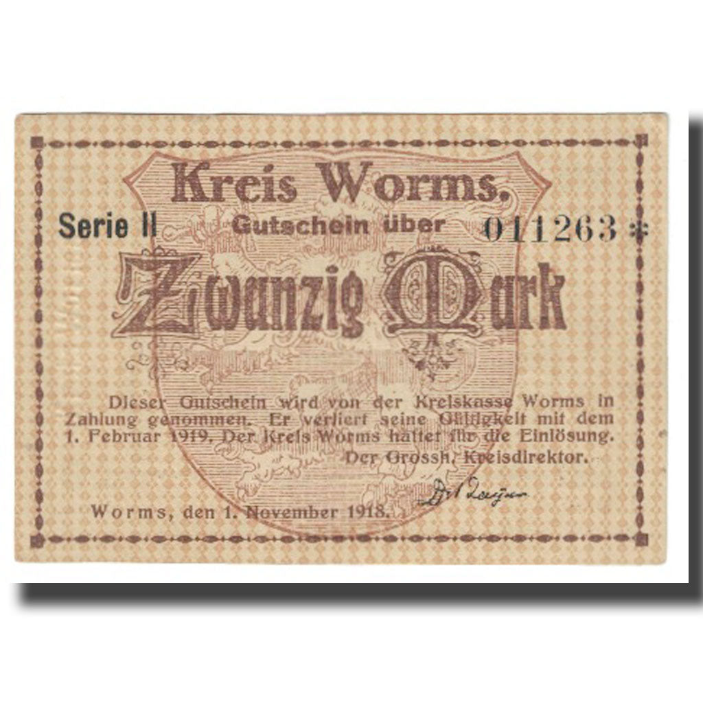 Banknot, Niemcy, Worms, 20 Mark, Maison, 1918, 1918-11-01, UNC(63)